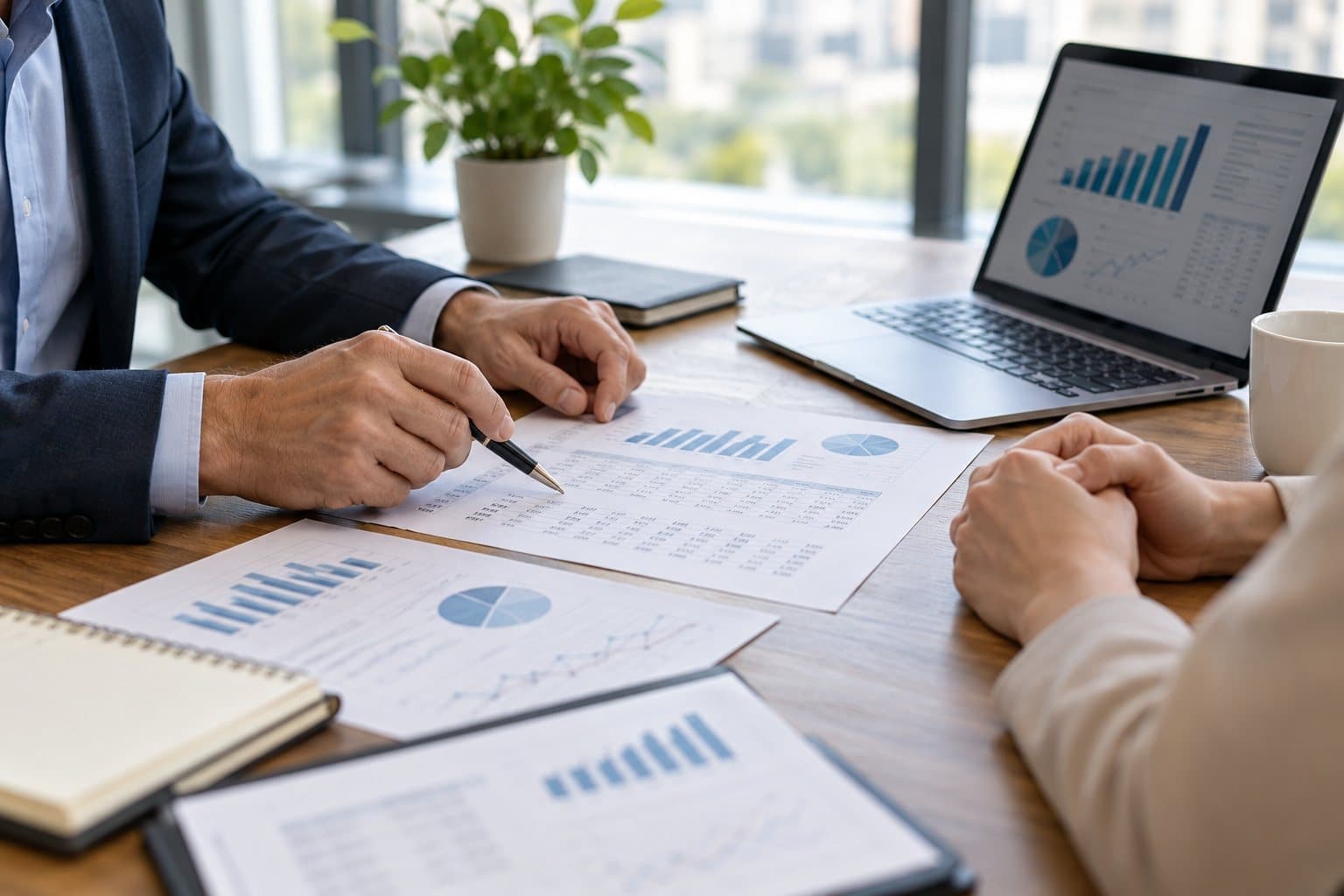 An accountant pointing to a figure on a financial statement during a meeting